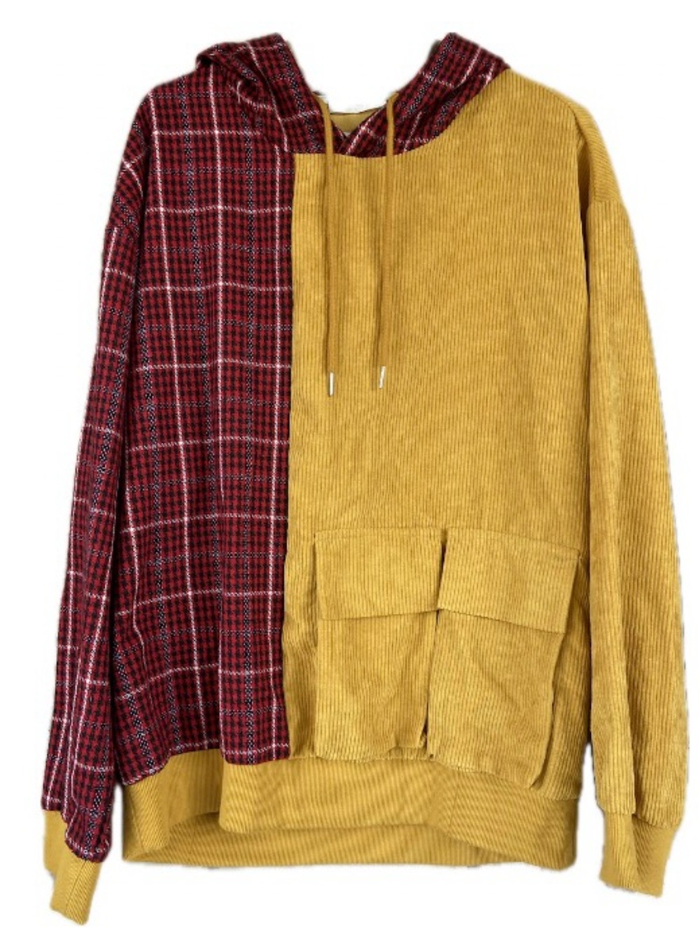 Urban Streetwear Charmkp Patchwork Plaid & Corduroy Colorblock Hoodie L Gorpcore